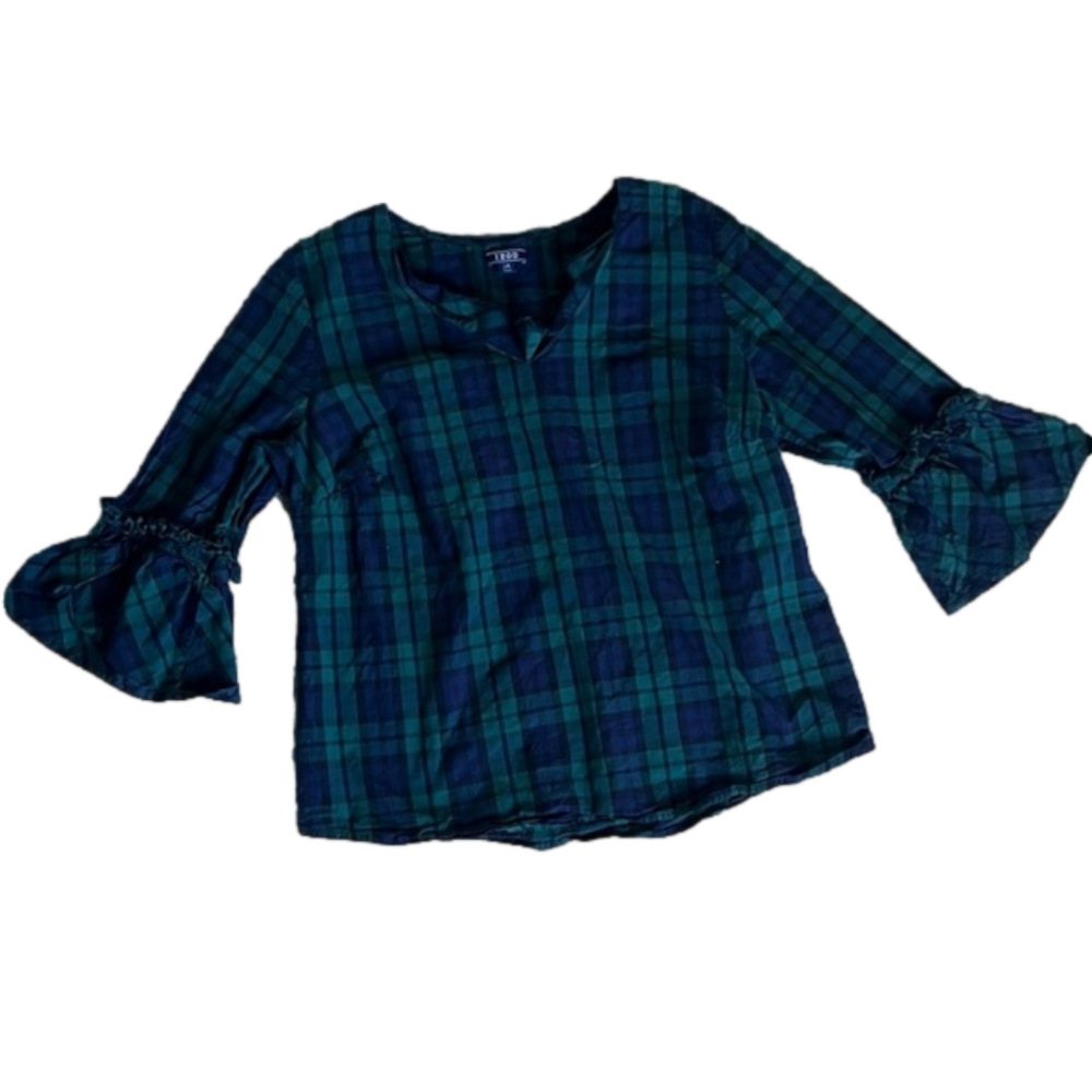 GREEN and blue plaid size large IZOD blouse with ruffle detail on sleeves